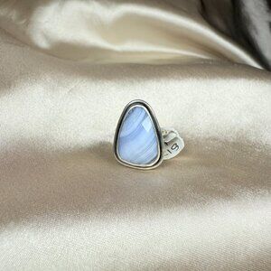 Natural Blue Lace Agate Trillion Cut Gemstone Silver Ring Artisan Jewelry Size 6